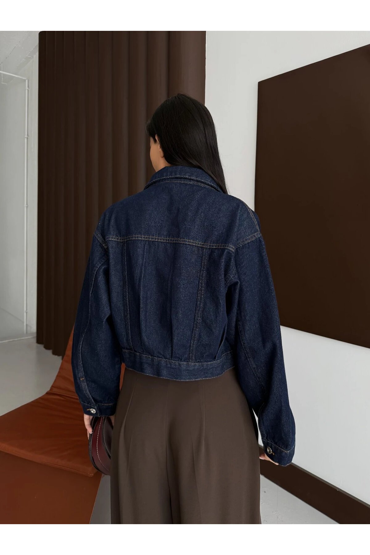 Çift Cepli Denim Crop Ceket