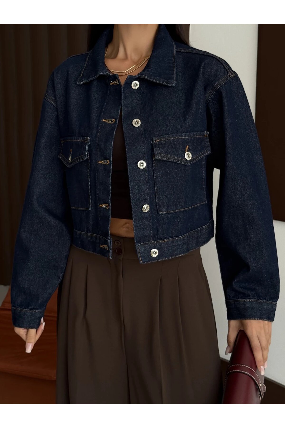 Çift Cepli Denim Crop Ceket