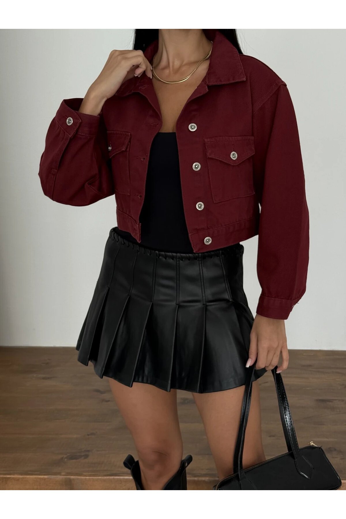 Çift Cepli Denim Crop Ceket