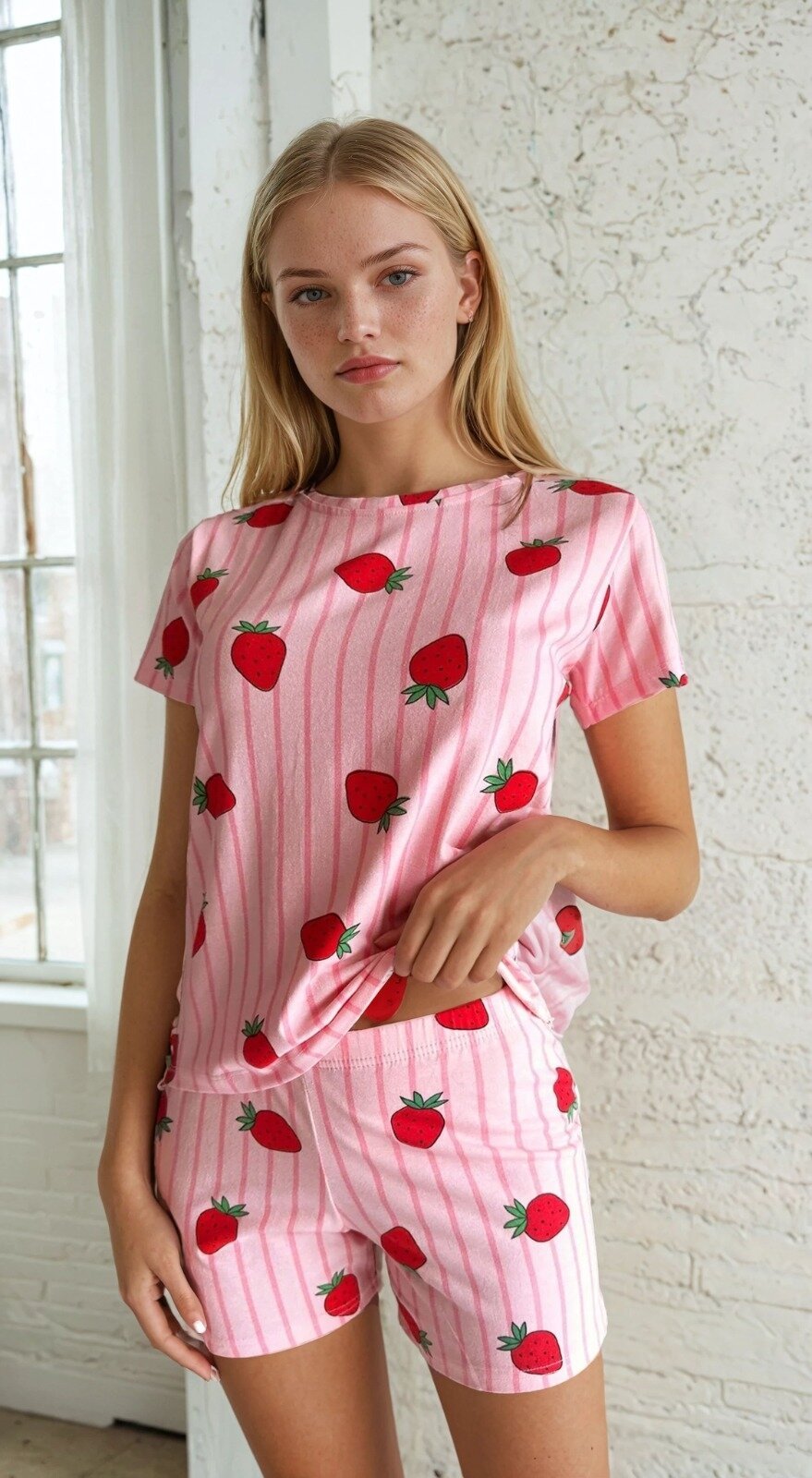 Çilek Baskılı Kısa Kol Pijama Takımı