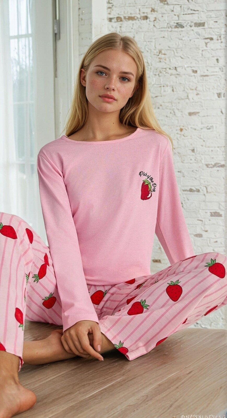 Çilek Baskılı Uzun Kollu Pijama Takımı