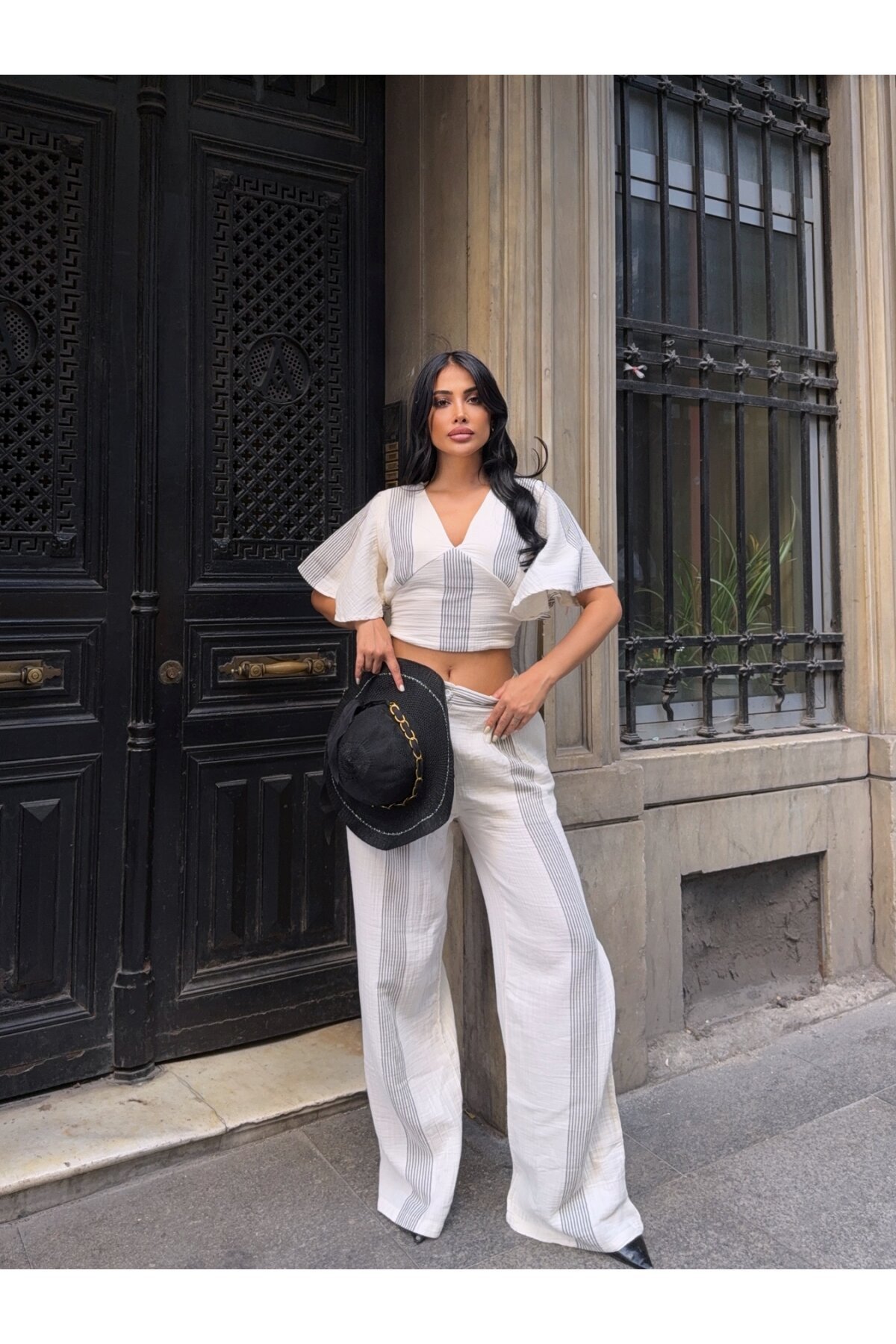 Çizgili Crop Pantalon Müslin Takım