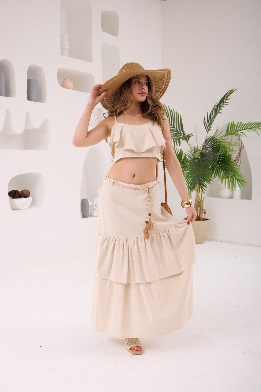 Crop Bluz ve Etek Takım Bej