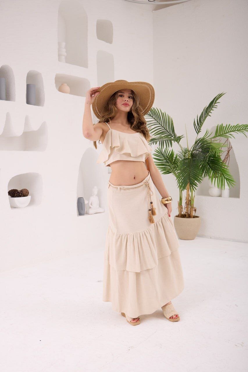 Crop Bluz ve Etek Takım Bej