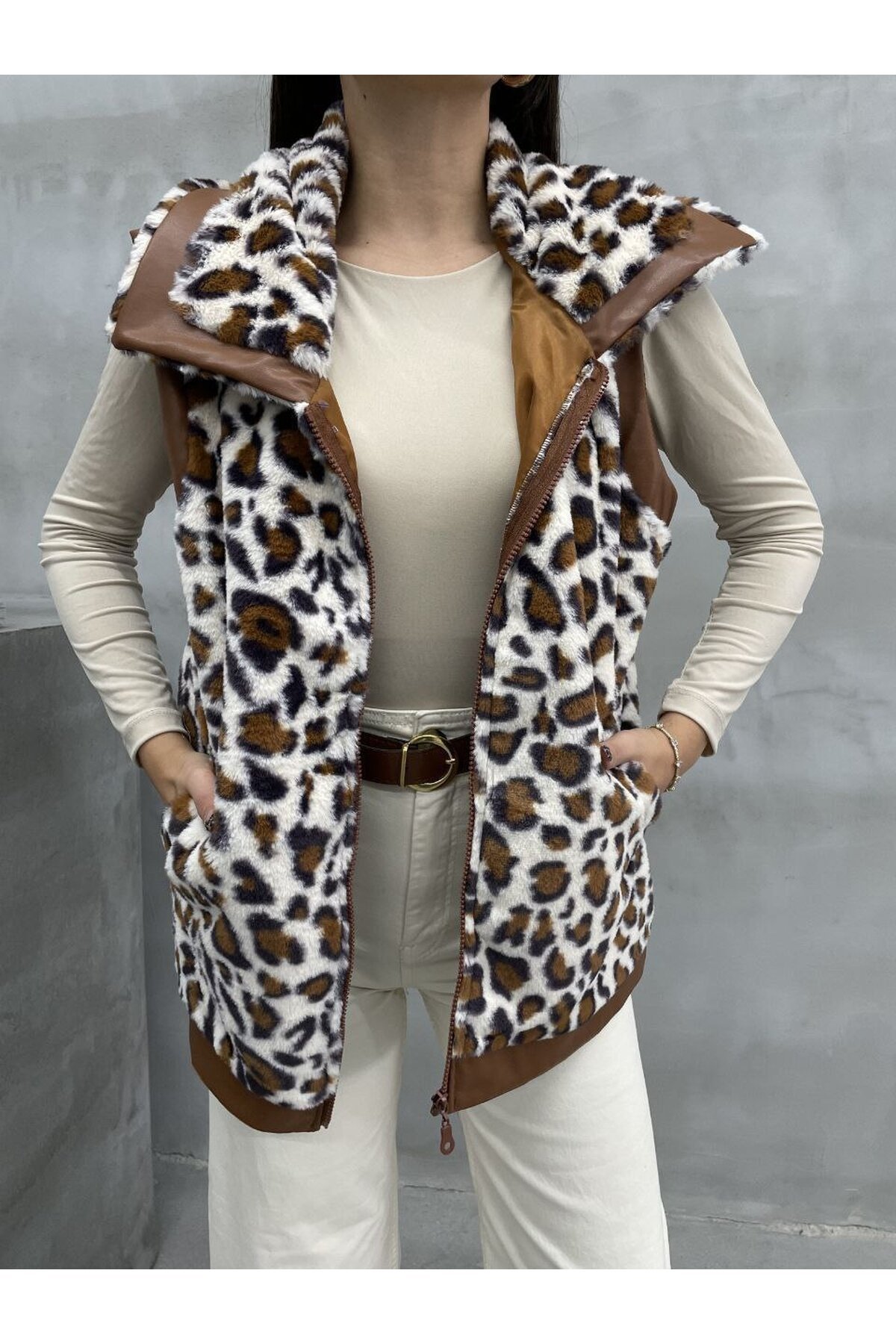 Deri Garnili Astarlı Leopar Yelek
