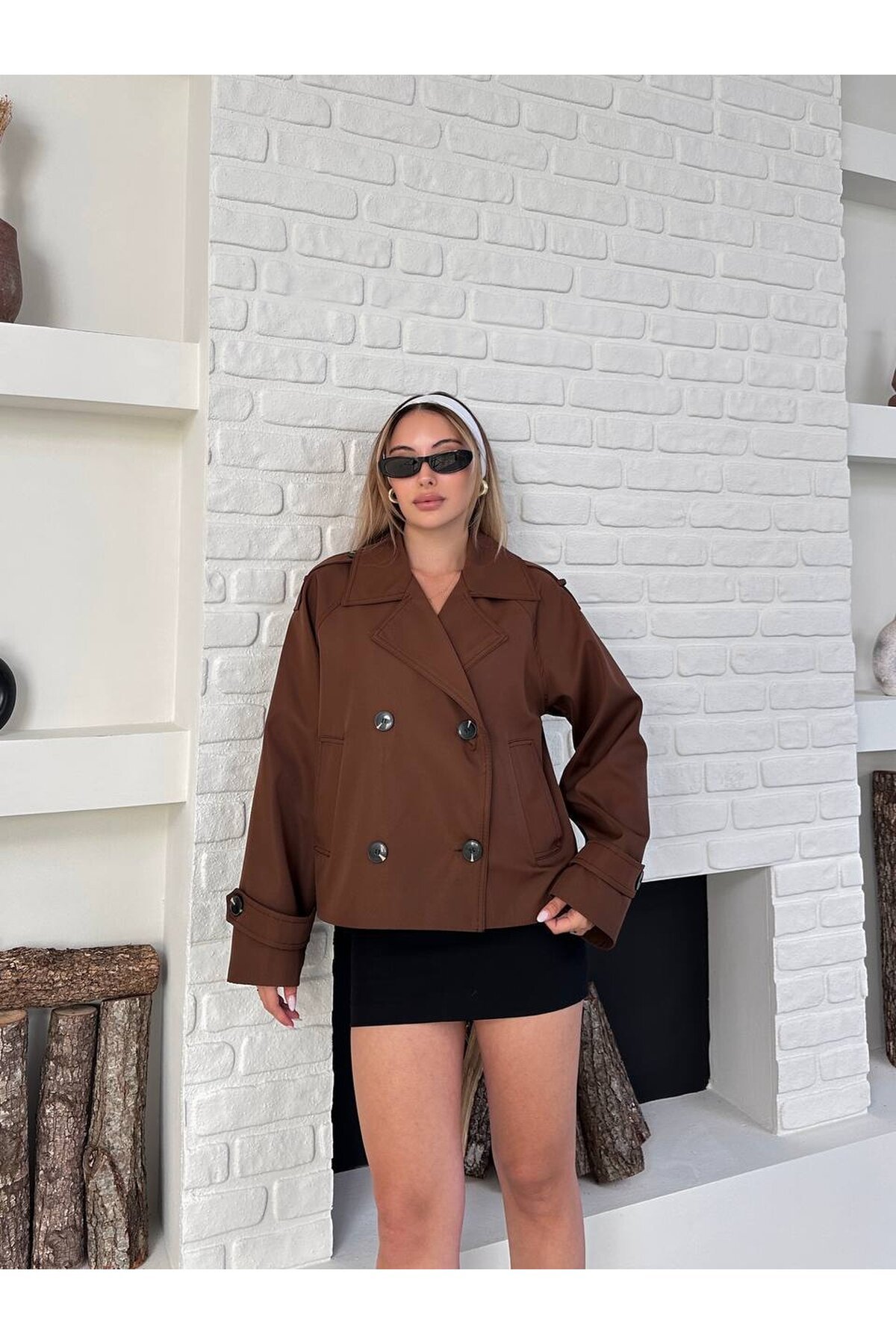 Düğme Detaylı Bondik Mevsimlik Oversize Kısa Trençkot