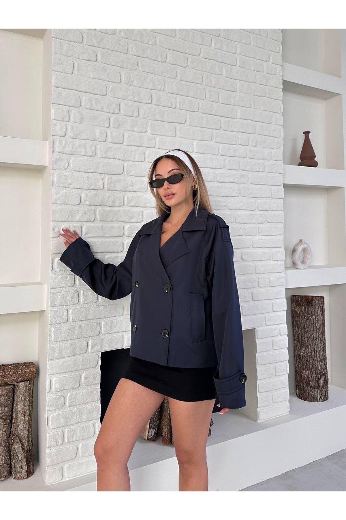Düğme Detaylı Bondik Mevsimlik Oversize Kısa Trençkot