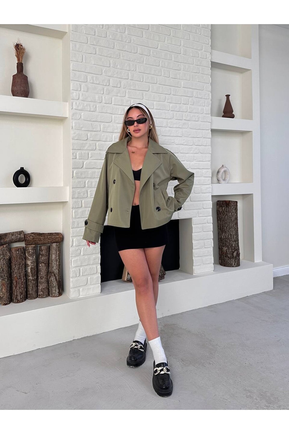 Düğme Detaylı Bondik Mevsimlik Oversize Kısa Trençkot