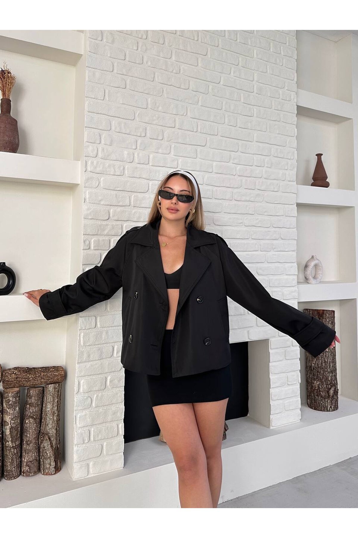 Düğme Detaylı Bondik Mevsimlik Oversize Kısa Trençkot