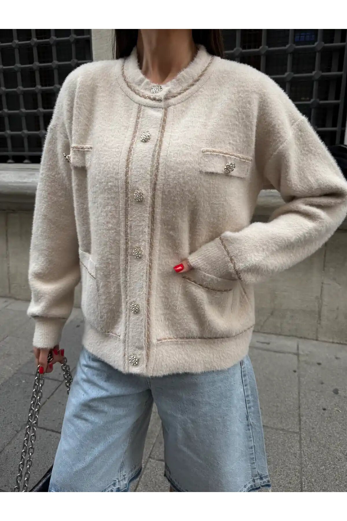 Düğme Ve Biye Detaylı Çift Cepli Triko Bluz Hırka