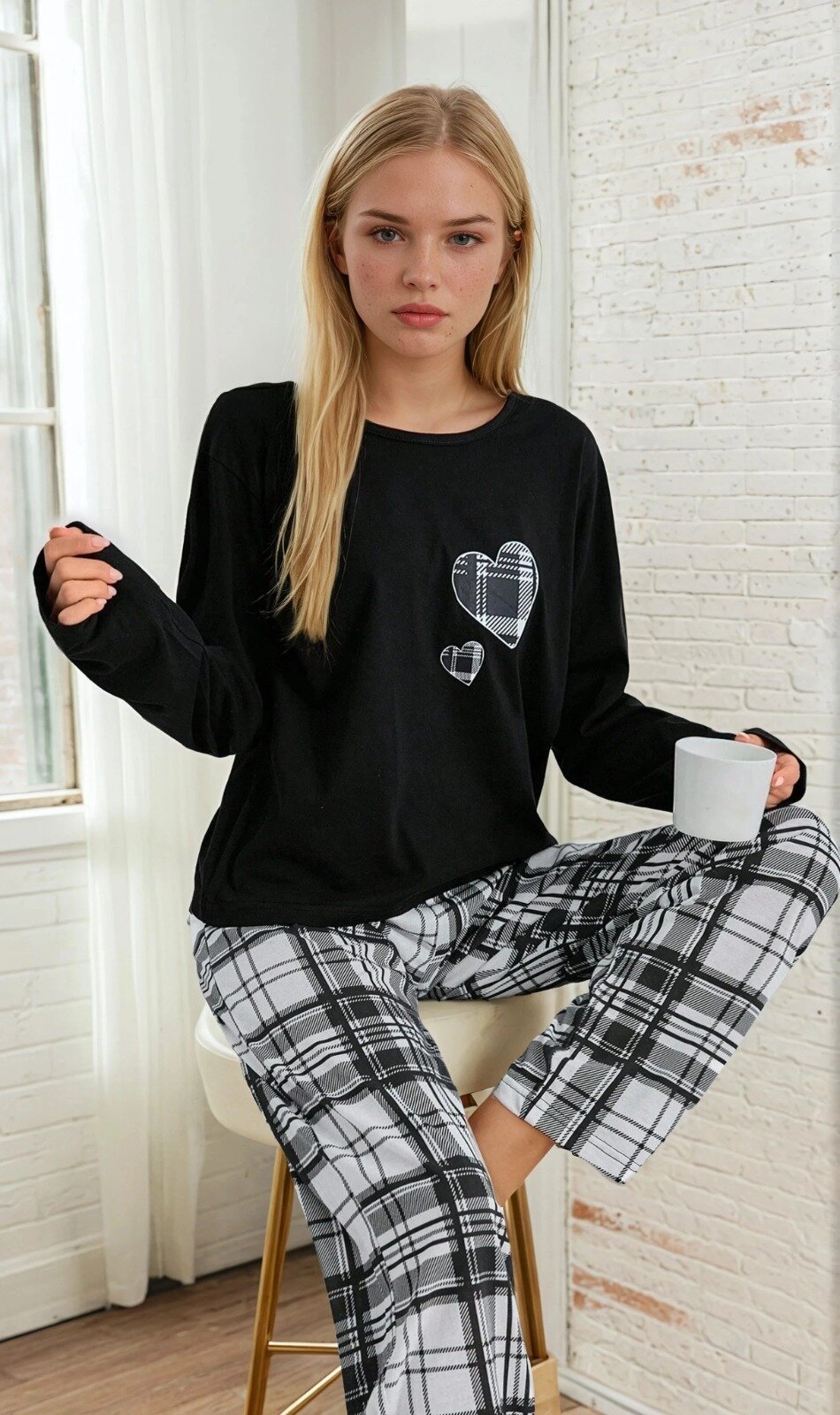 Ekose Desen Kalp Detay Uzun Kol Pijama Takımı