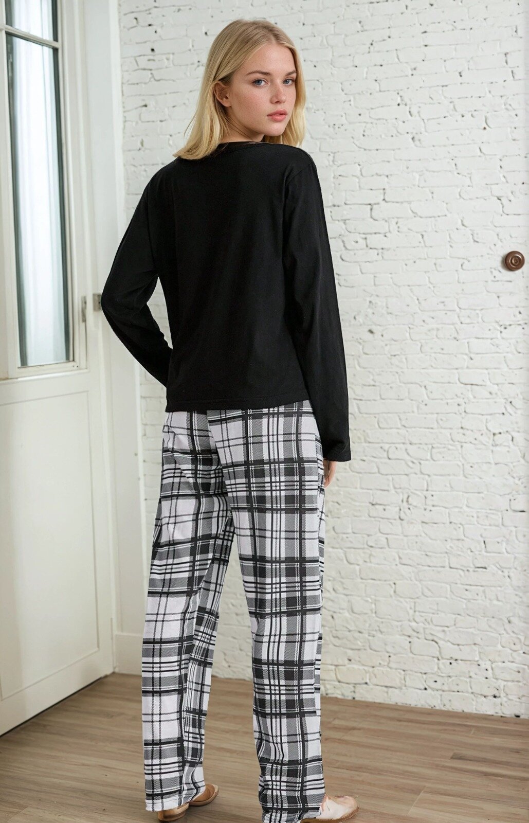 Ekose Desen Kalp Detay Uzun Kol Pijama Takımı