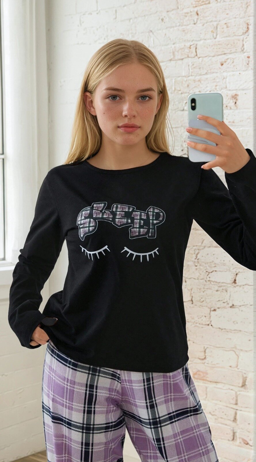 Ekose Desen Sleep Baskılı Uzun Kol Pijama Takımı