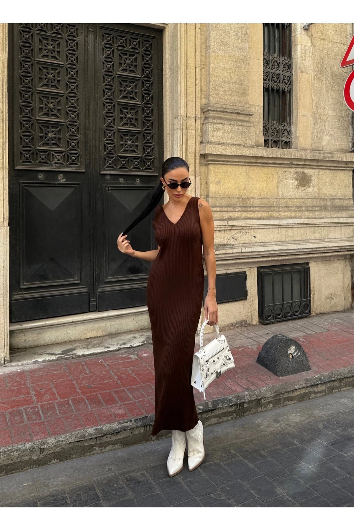 Ekose Desenli Kazak ve Elbise Triko Takım Kahve