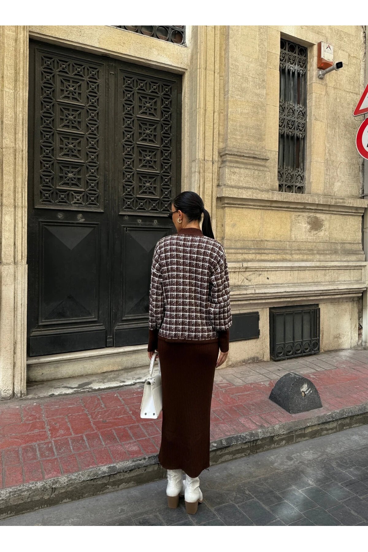 Ekose Desenli Kazak ve Elbise Triko Takım Kahve