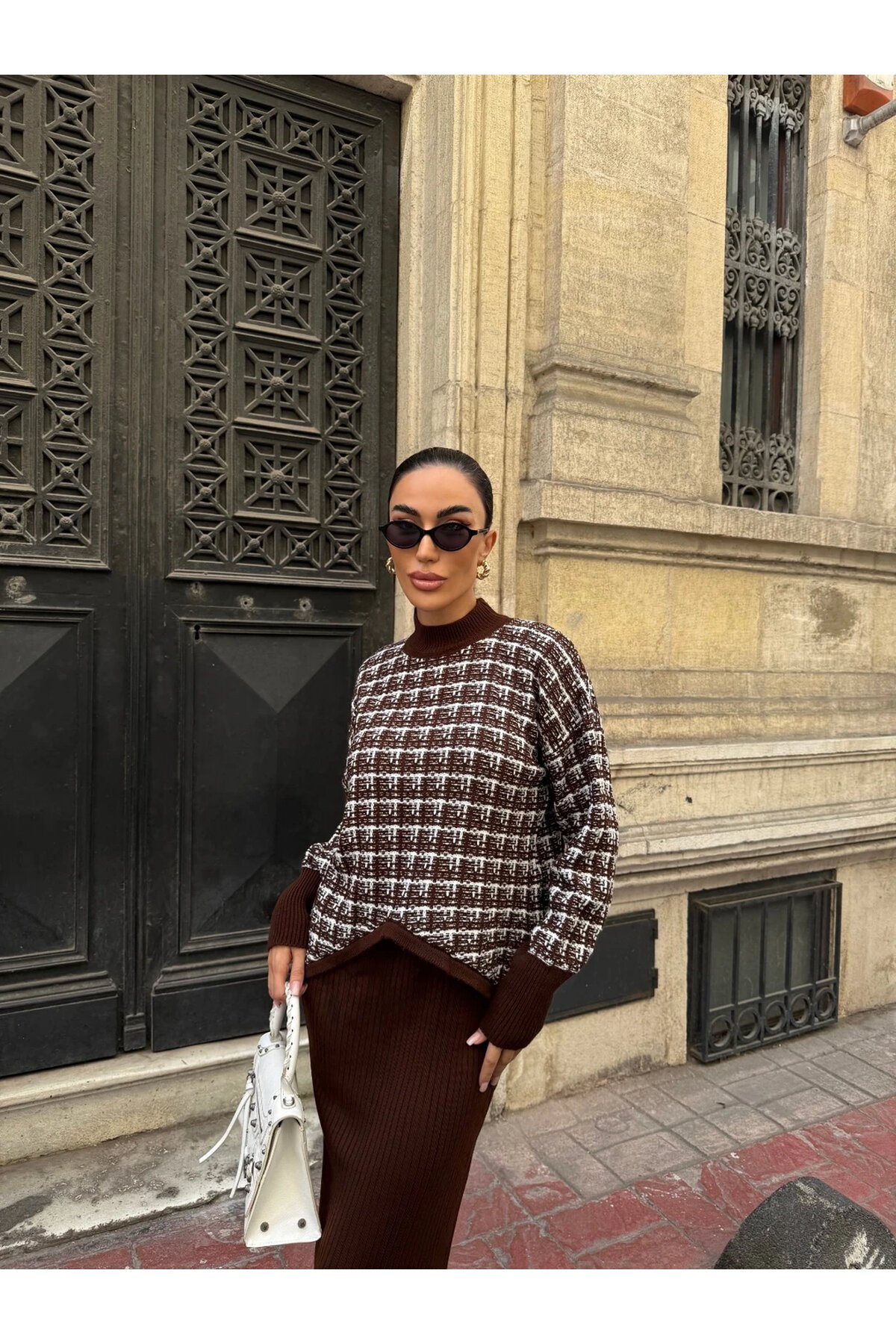 Ekose Desenli Kazak ve Elbise Triko Takım Kahve