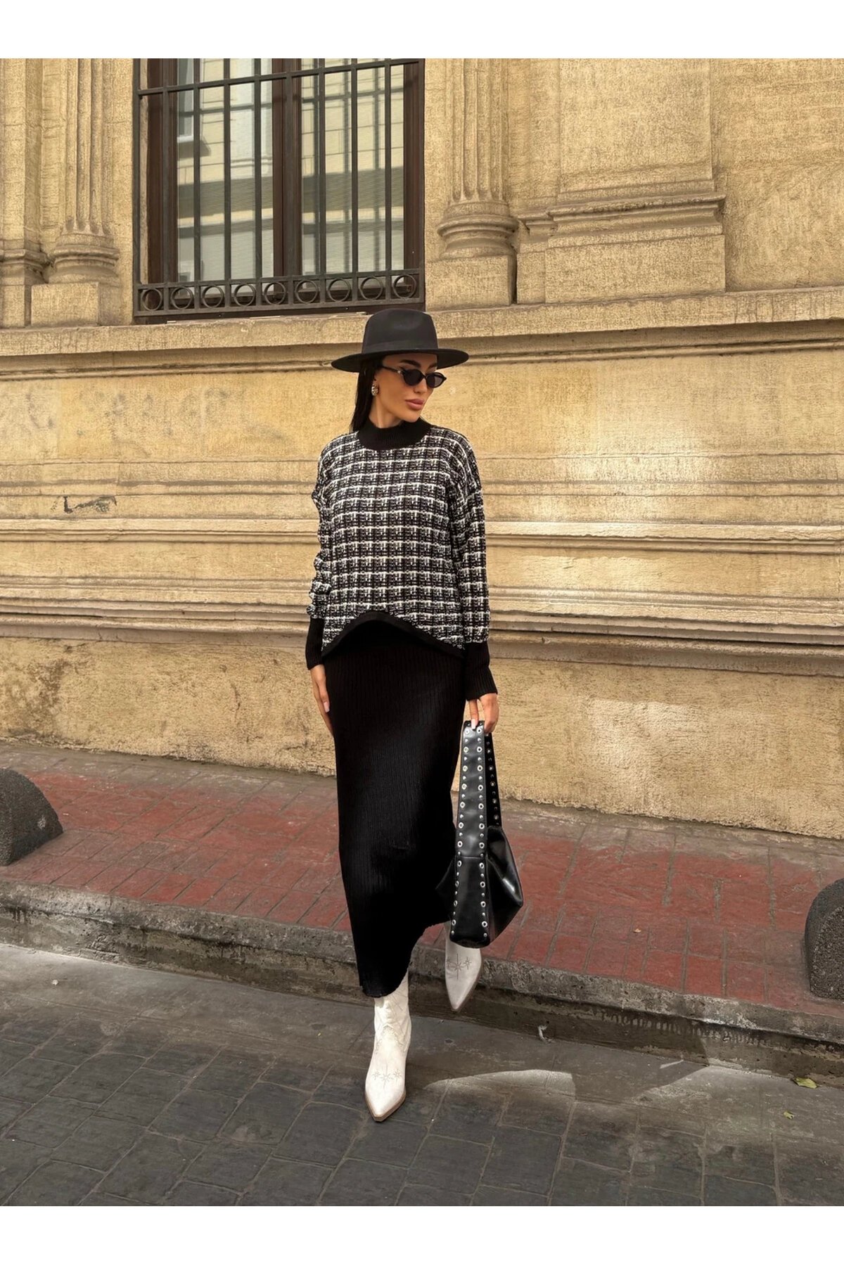 Ekose Desenli Kazak ve Elbise Triko Takım Siyah