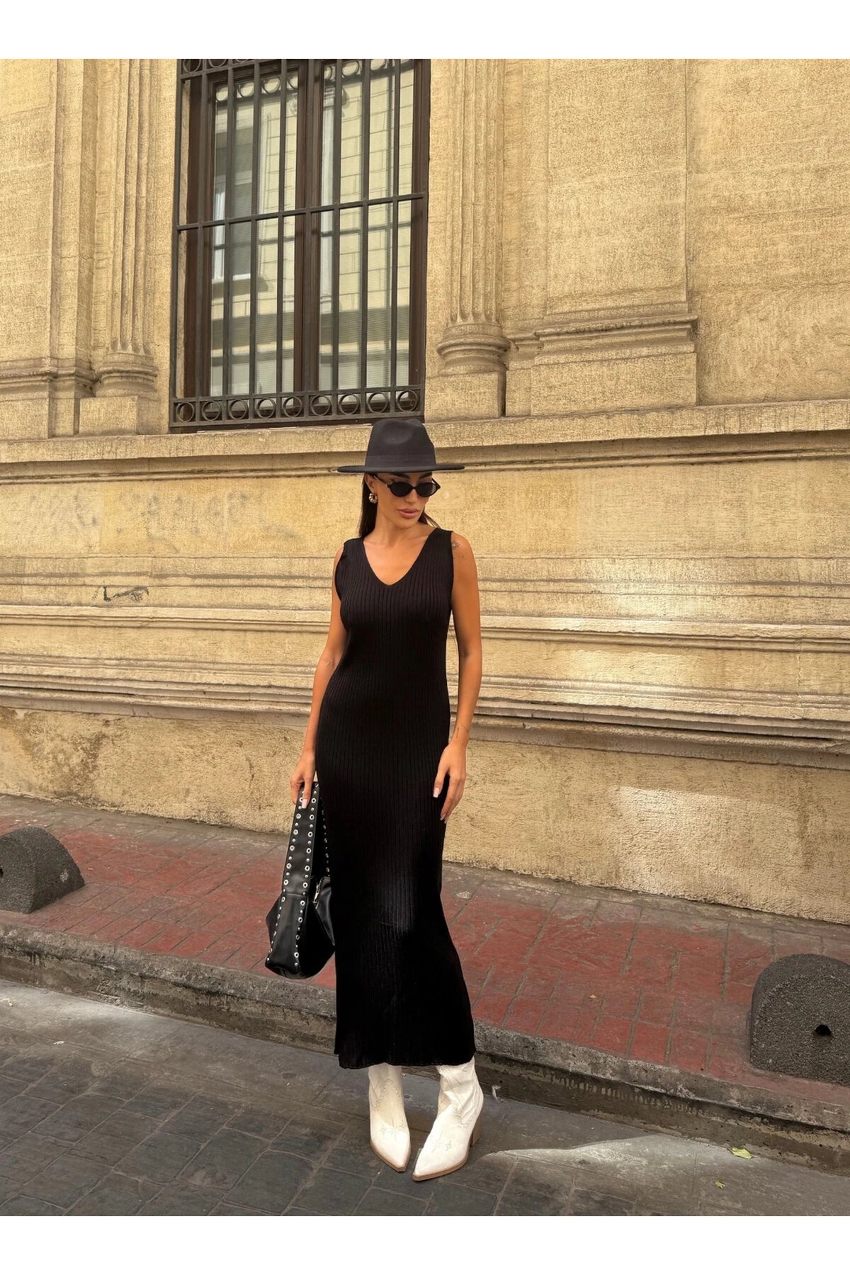 Ekose Desenli Kazak ve Elbise Triko Takım Siyah