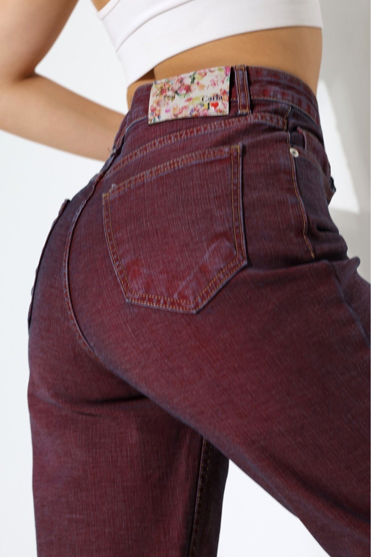 Eski Efektli Şık Bordo Mom Fit Jean