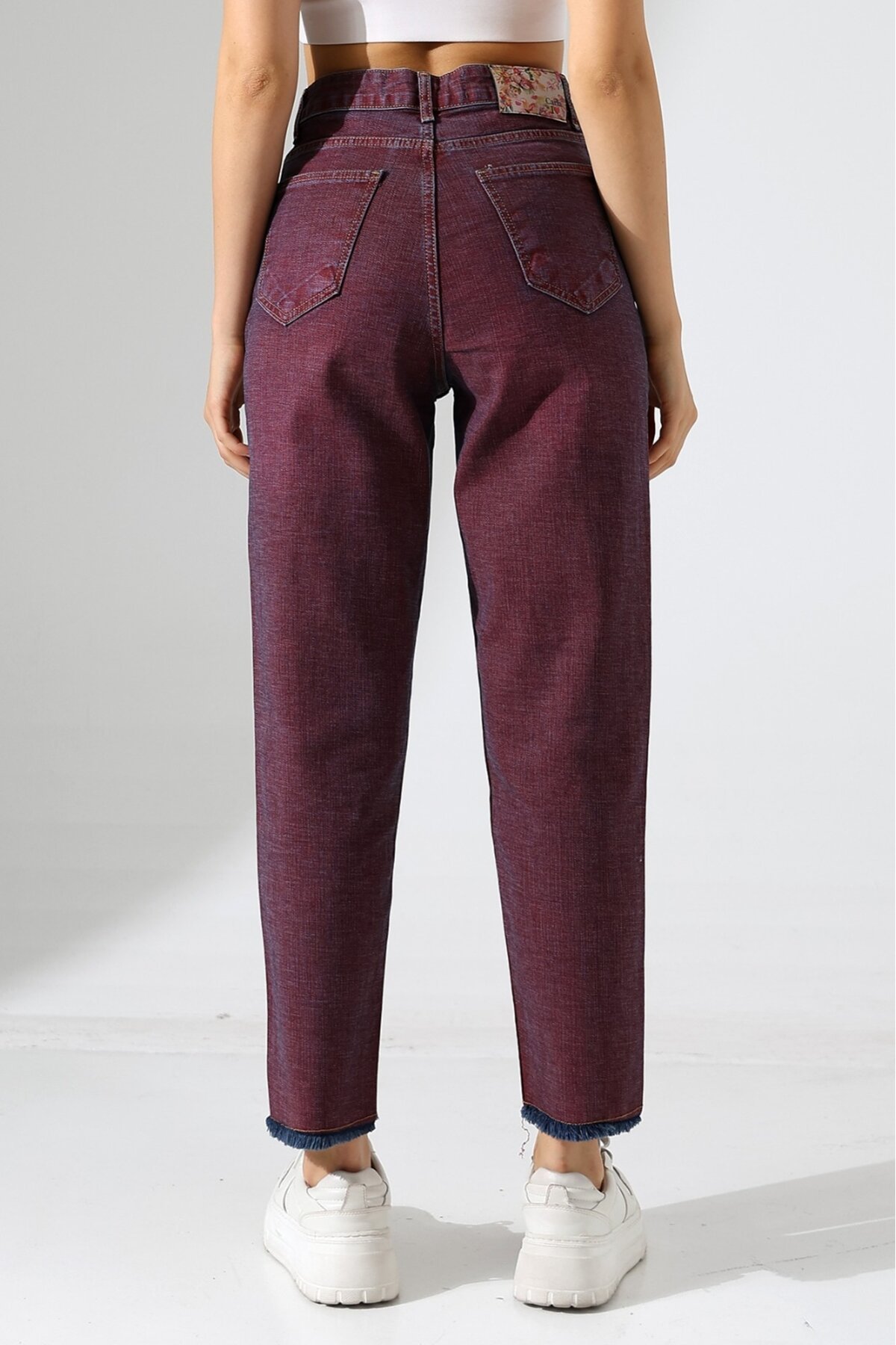 Eski Efektli Şık Bordo Mom Fit Jean