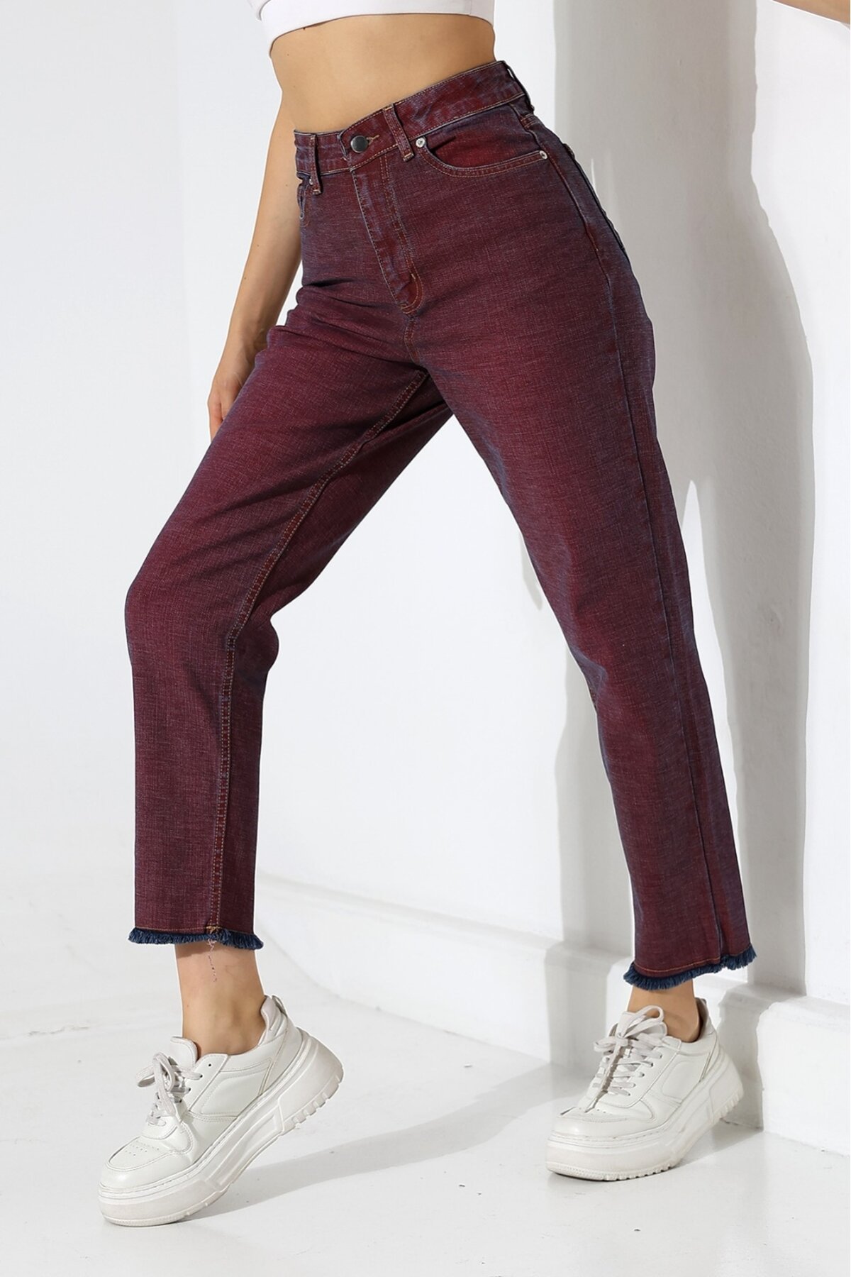 Eski Efektli Şık Bordo Mom Fit Jean