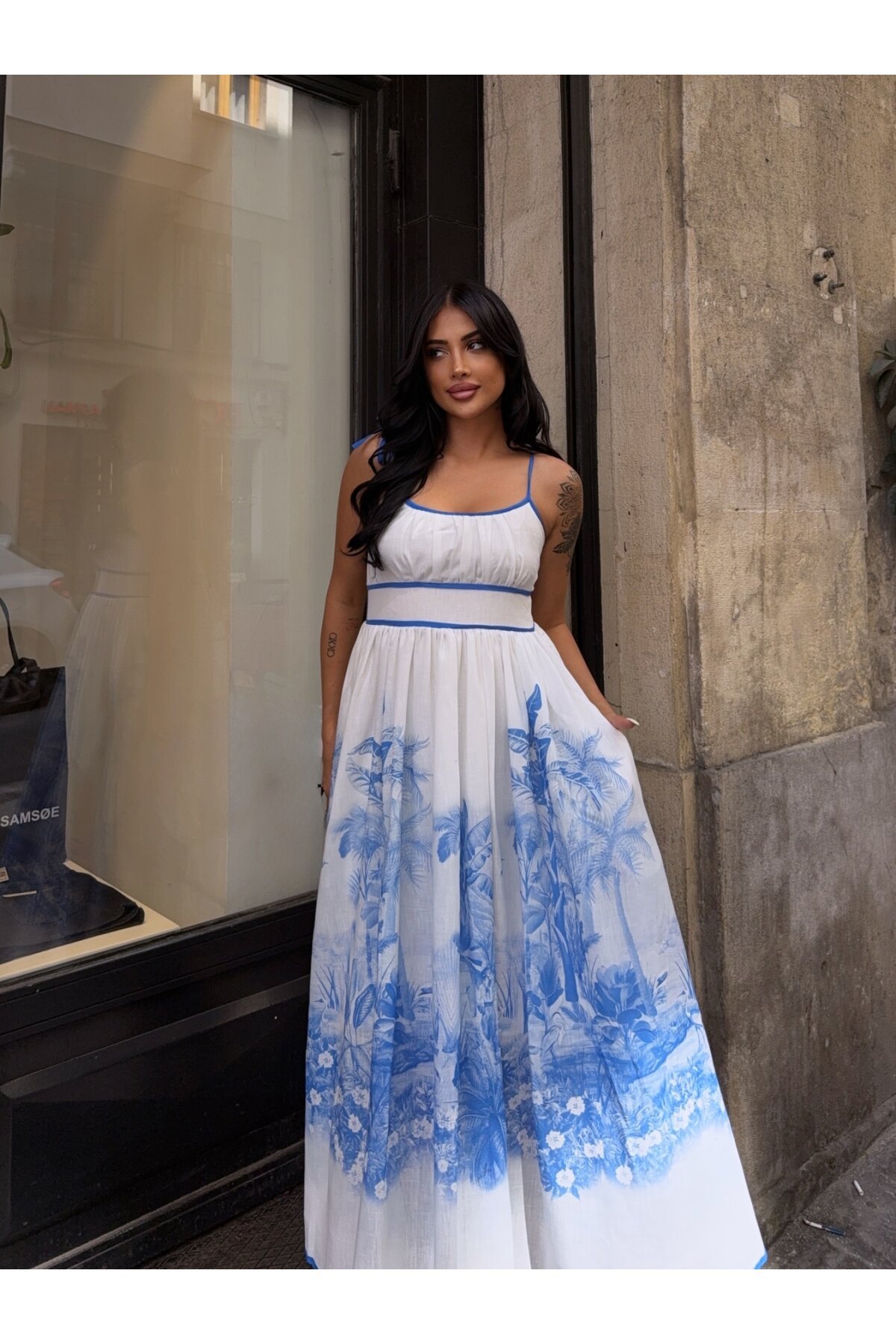 Eteği Desenli Keten Elbise