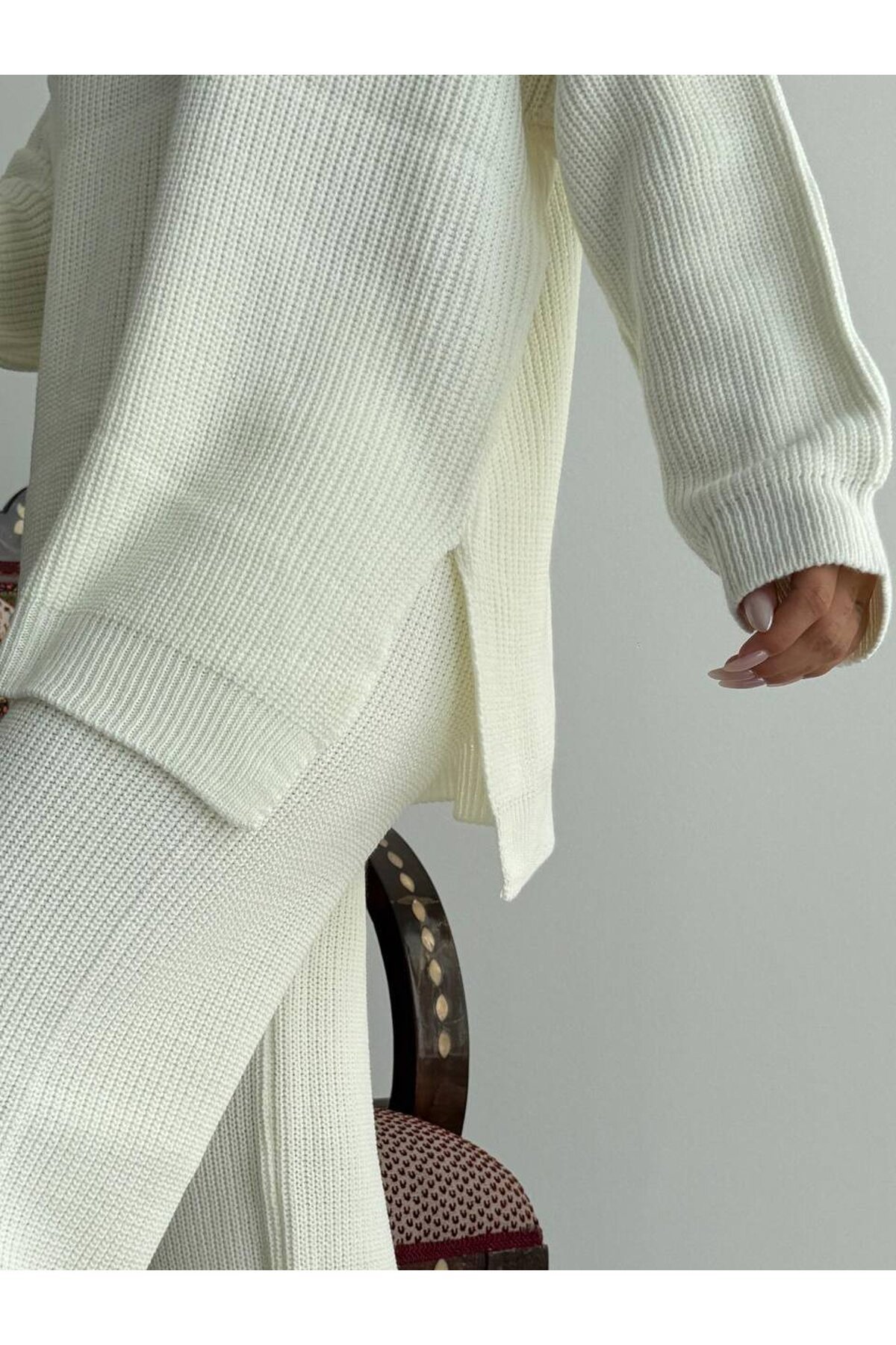 Fermuar Detay Üst ve Alt Triko Takım Ekru