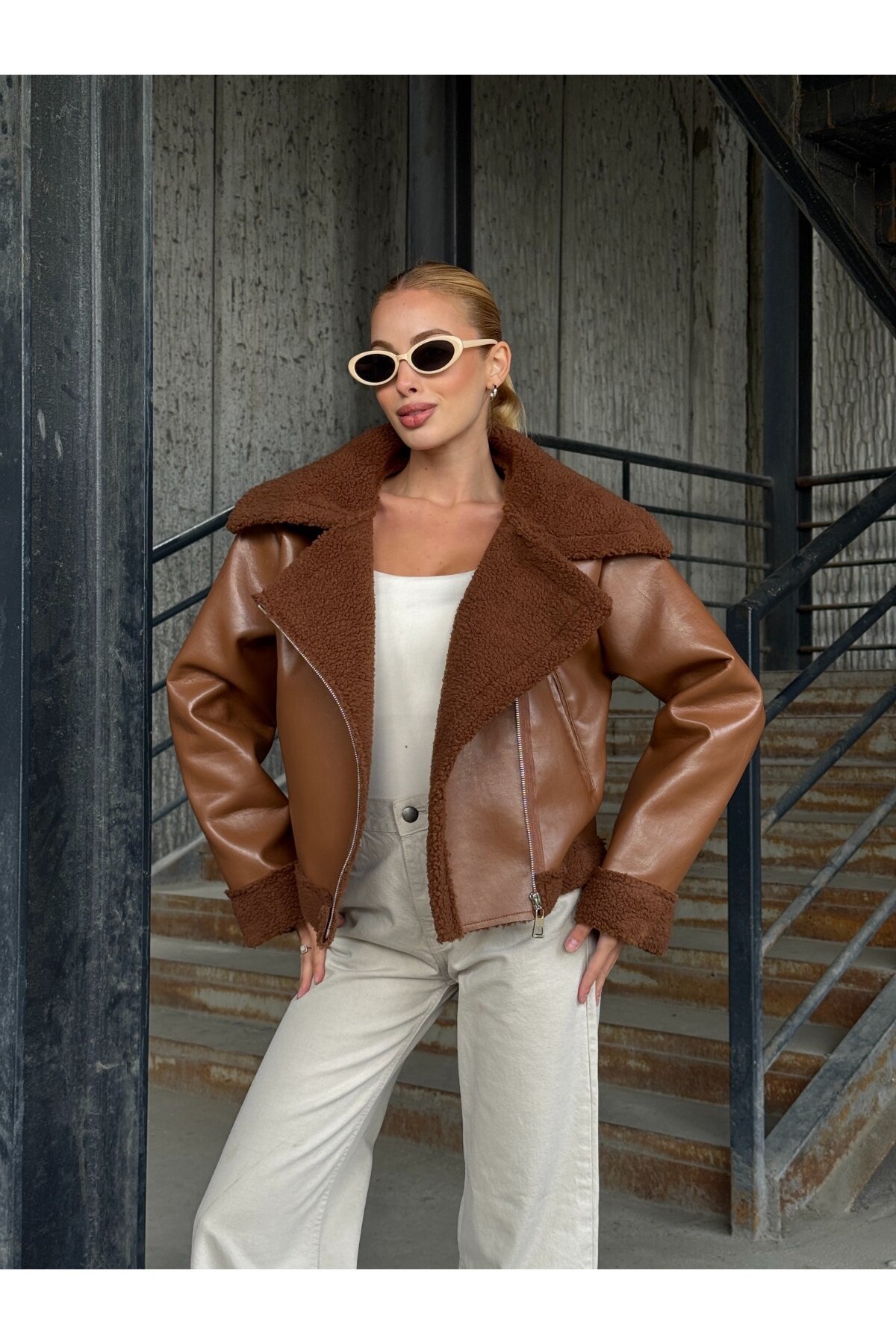 Fermuar Detaylı İçi Kürklü Suni Deri Ceket Kahverengi