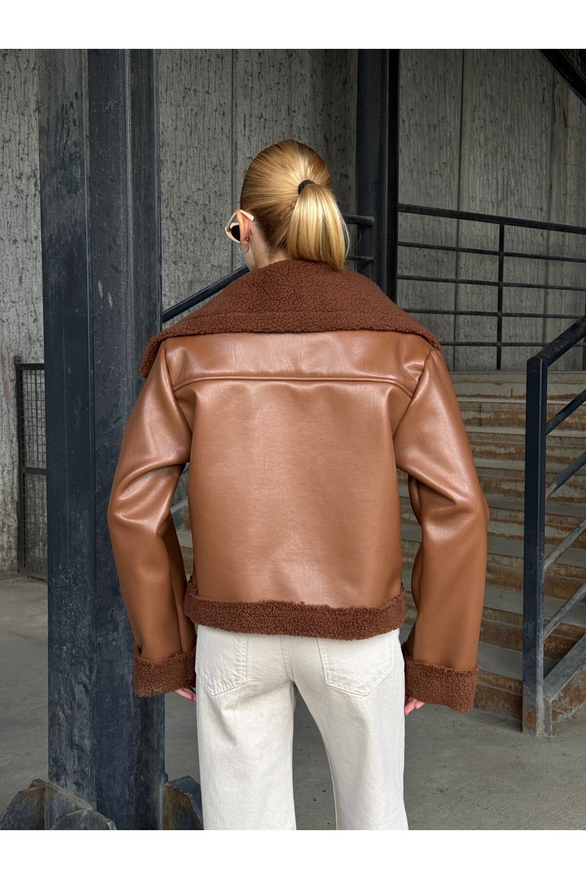 Fermuar Detaylı İçi Kürklü Suni Deri Ceket Kahverengi