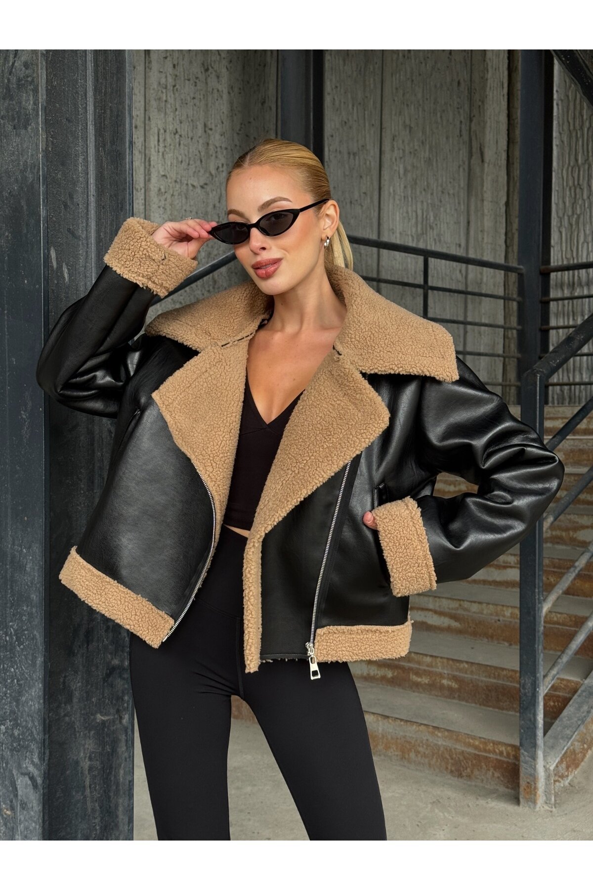 Fermuar Detaylı İçi Kürklü Suni Deri Ceket Siyah Kahve
