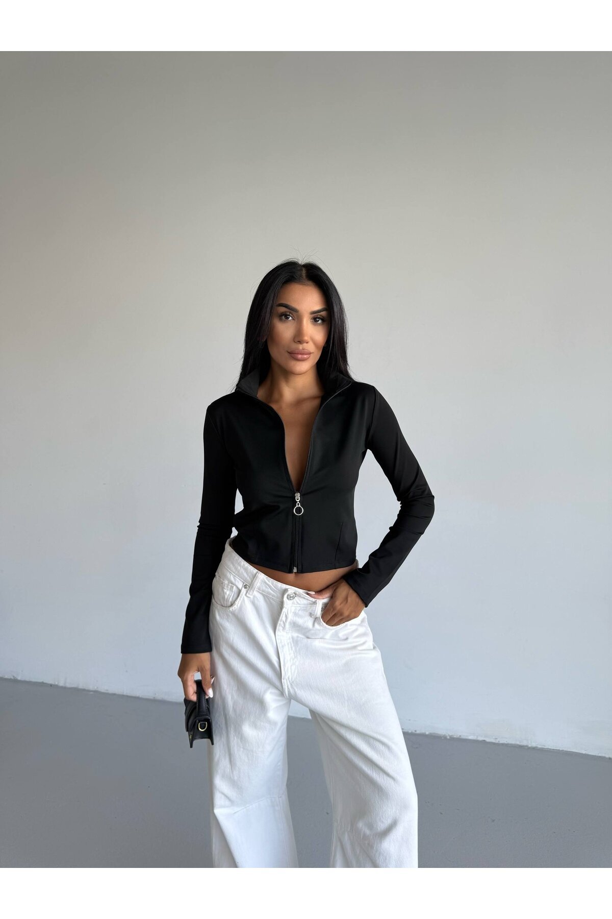 Fermuarlı Dalgıç Kumaş Sweatshirt