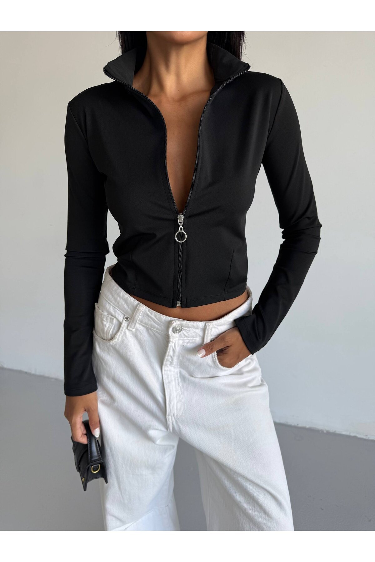 Fermuarlı Dalgıç Kumaş Sweatshirt