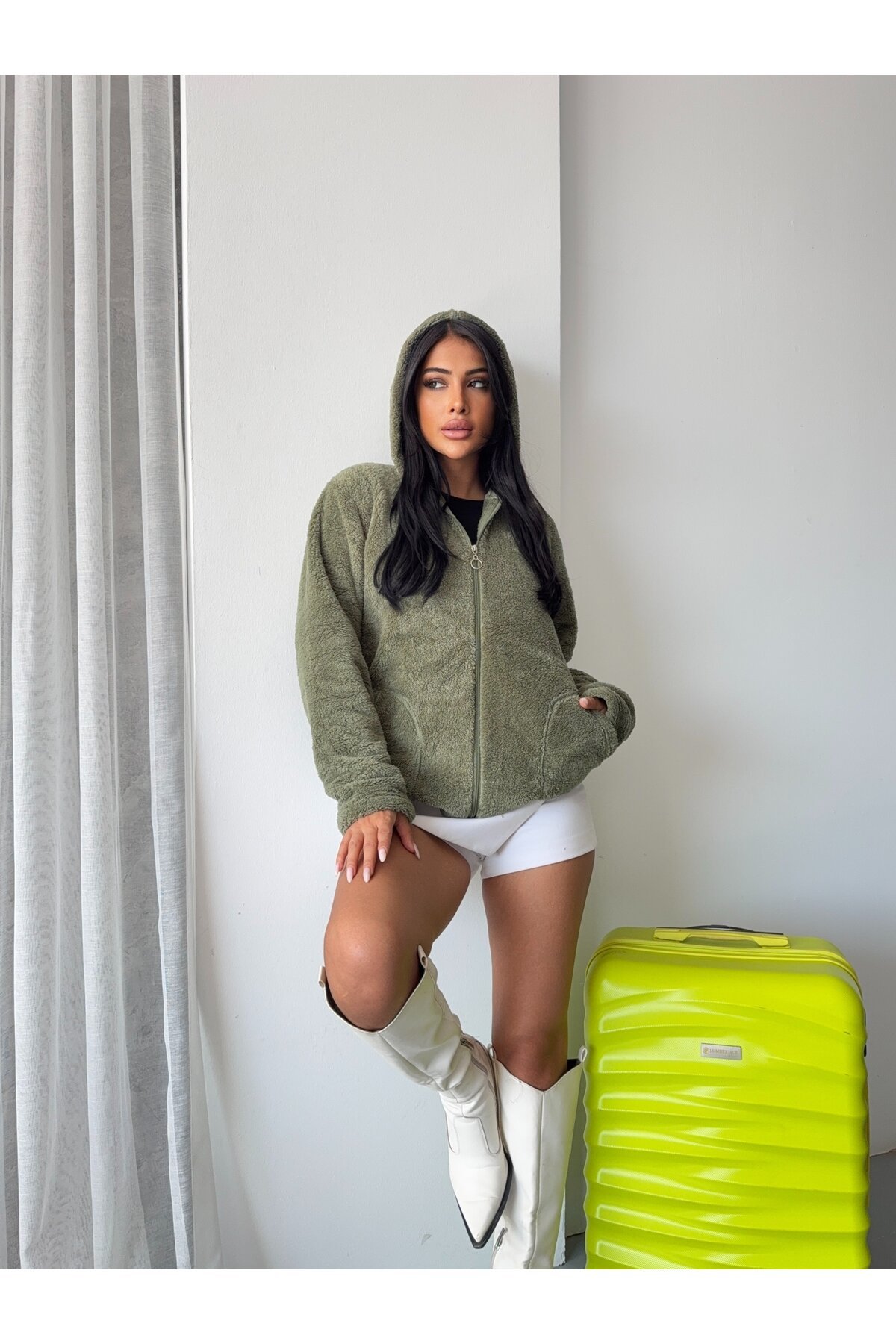 Fermuarlı Kapşonlu Haki Polar Sweatshirt