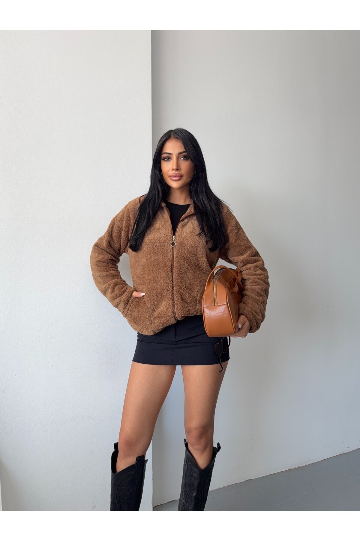 Fermuarlı Kapşonlu Kahve Polar Sweatshirt