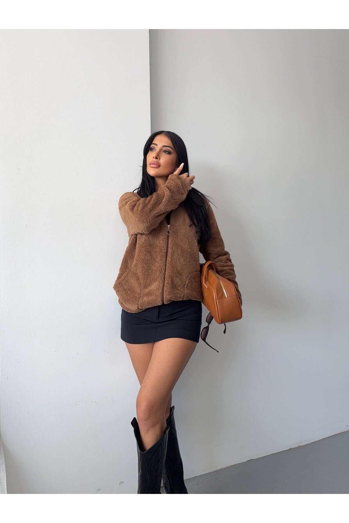 Fermuarlı Kapşonlu Kahve Polar Sweatshirt