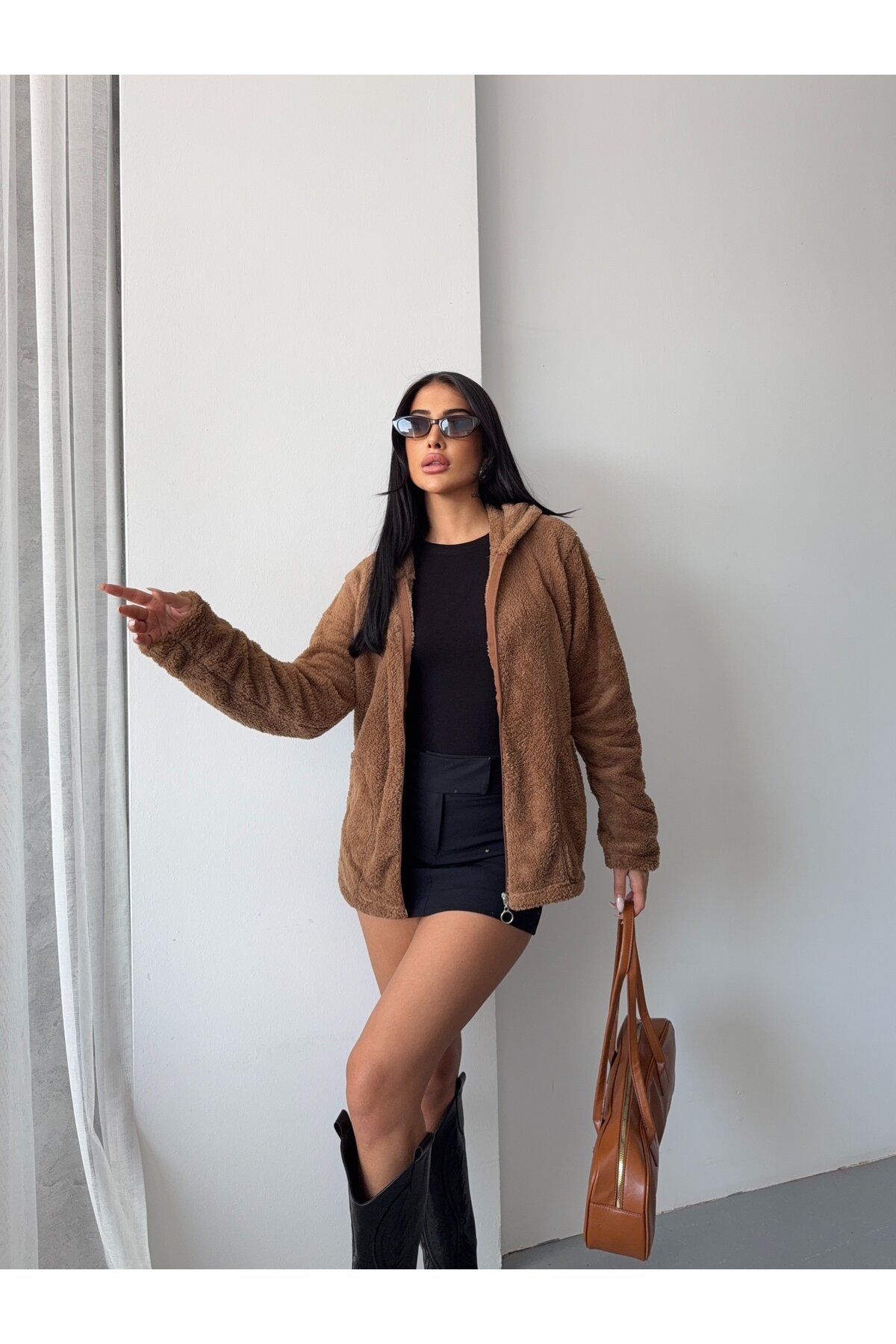 Fermuarlı Kapşonlu Kahve Polar Sweatshirt