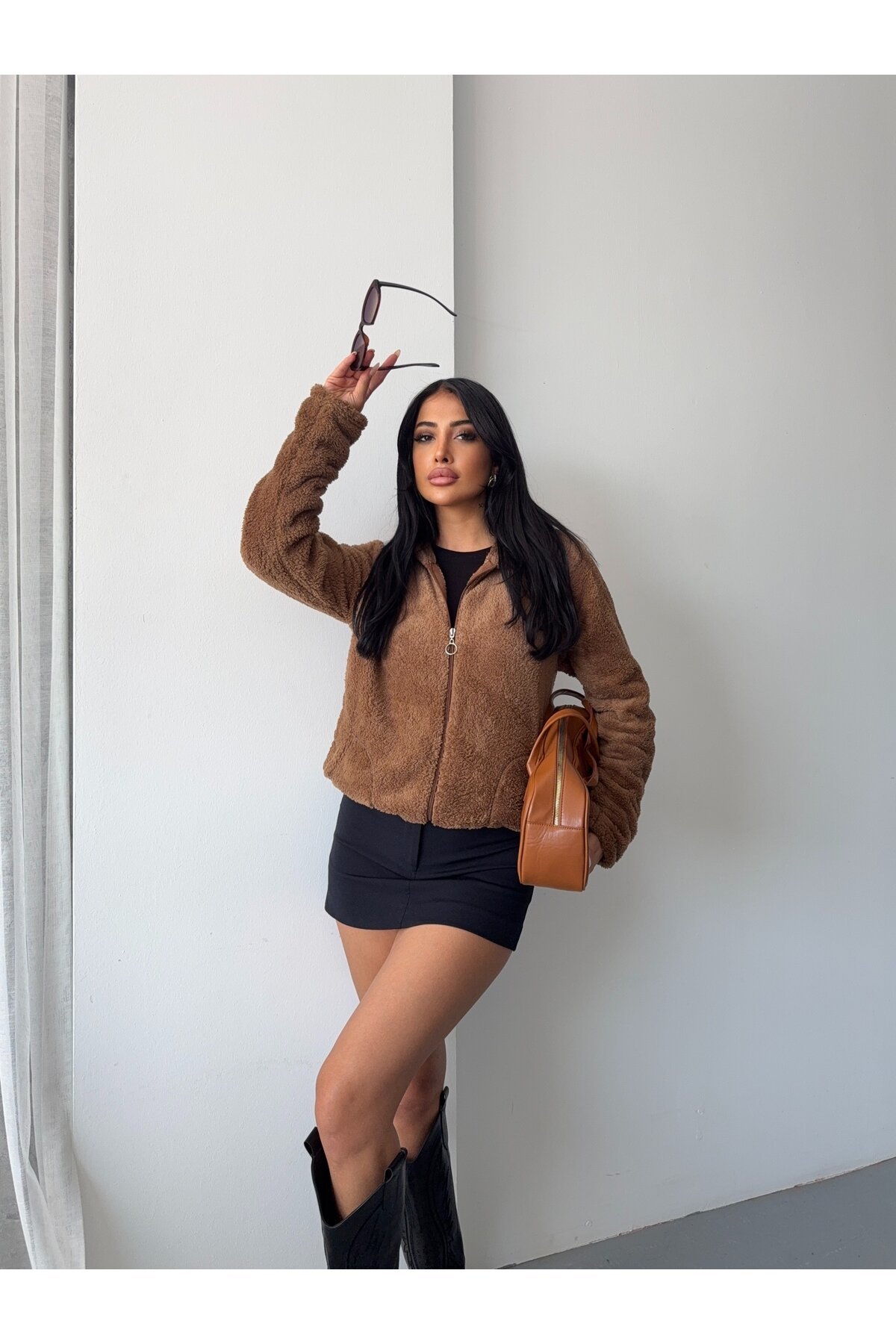 Fermuarlı Kapşonlu Kahve Polar Sweatshirt