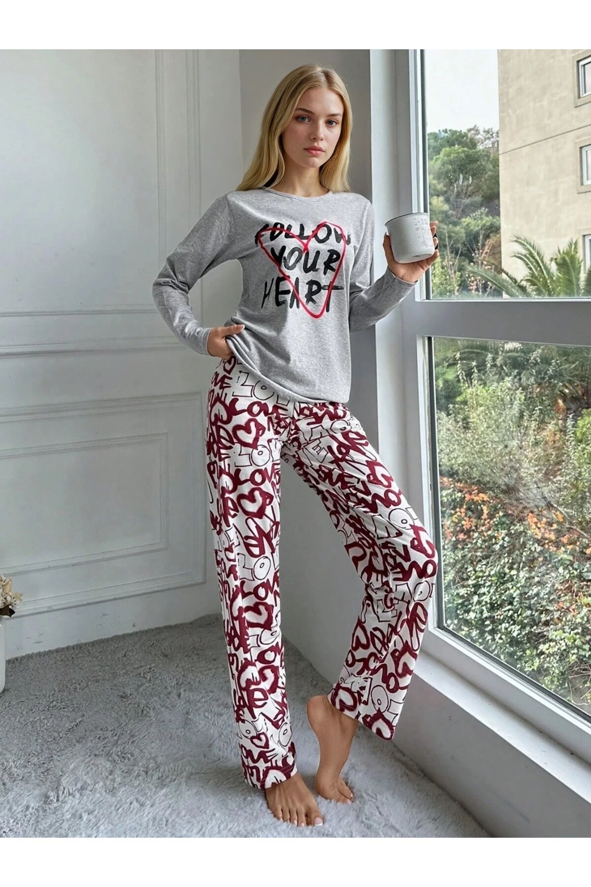 Follow Your Heart Baskılı Uzun Kollu Üst & Desenli Pijama Takımı