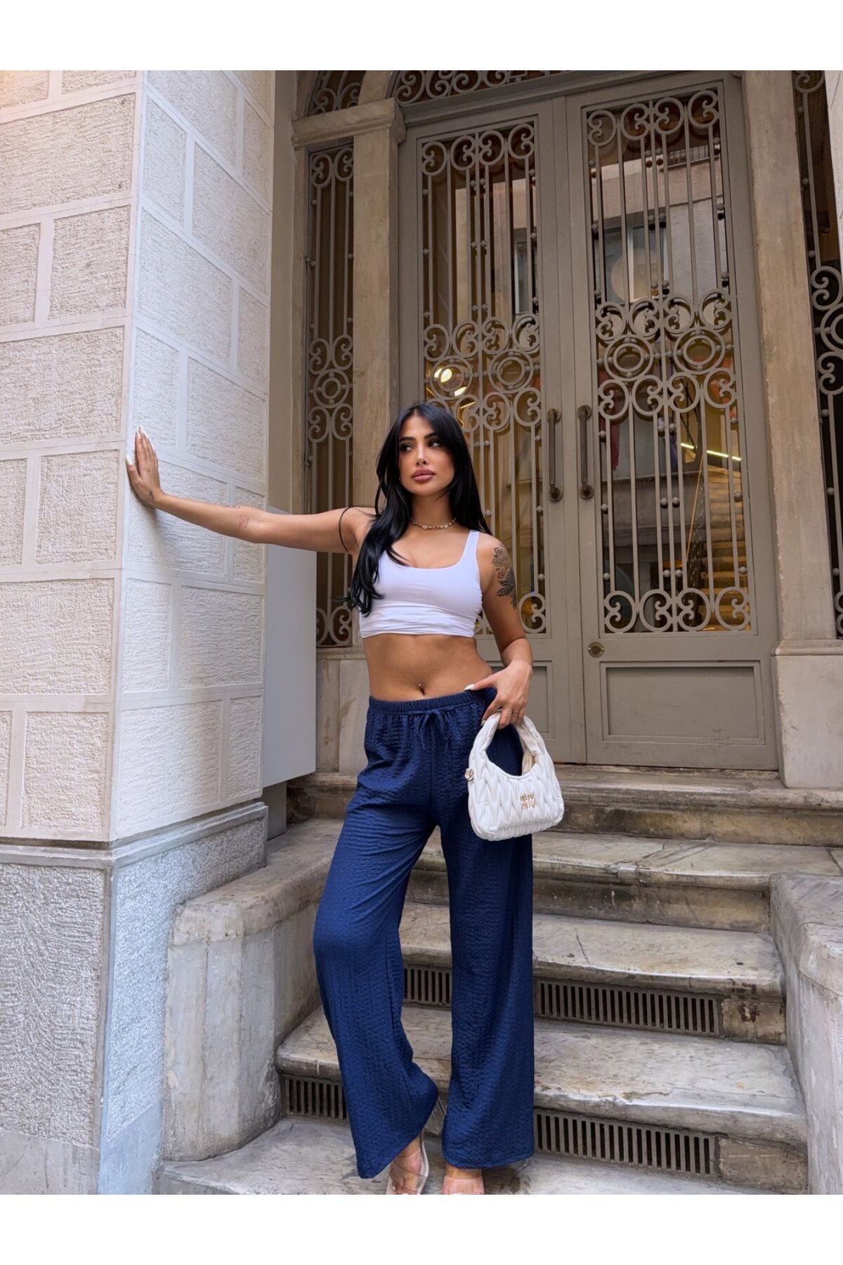 Gofre Bol Paça Beli Lastikli Pantalon Lacivert