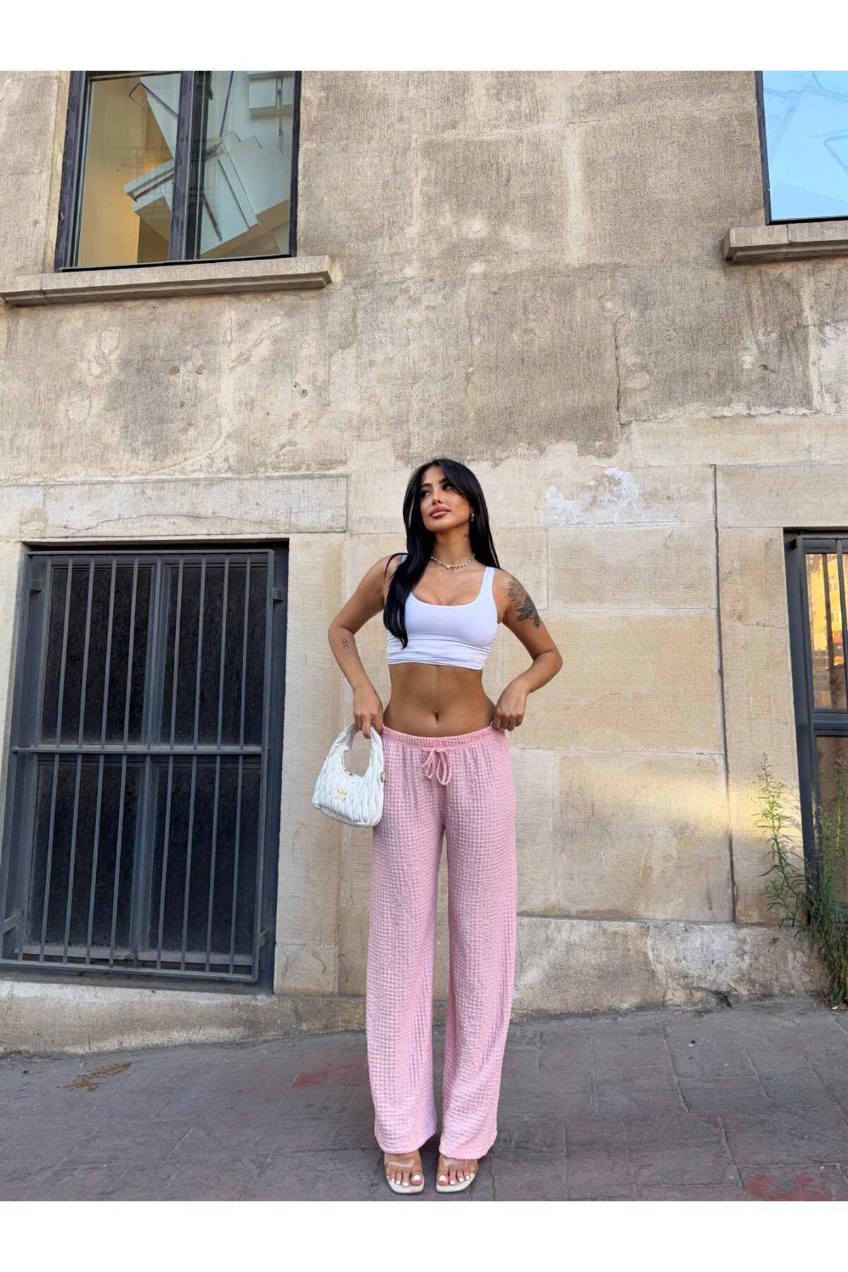 Gofre Bol Paça Beli Lastikli Pantalon Pudra