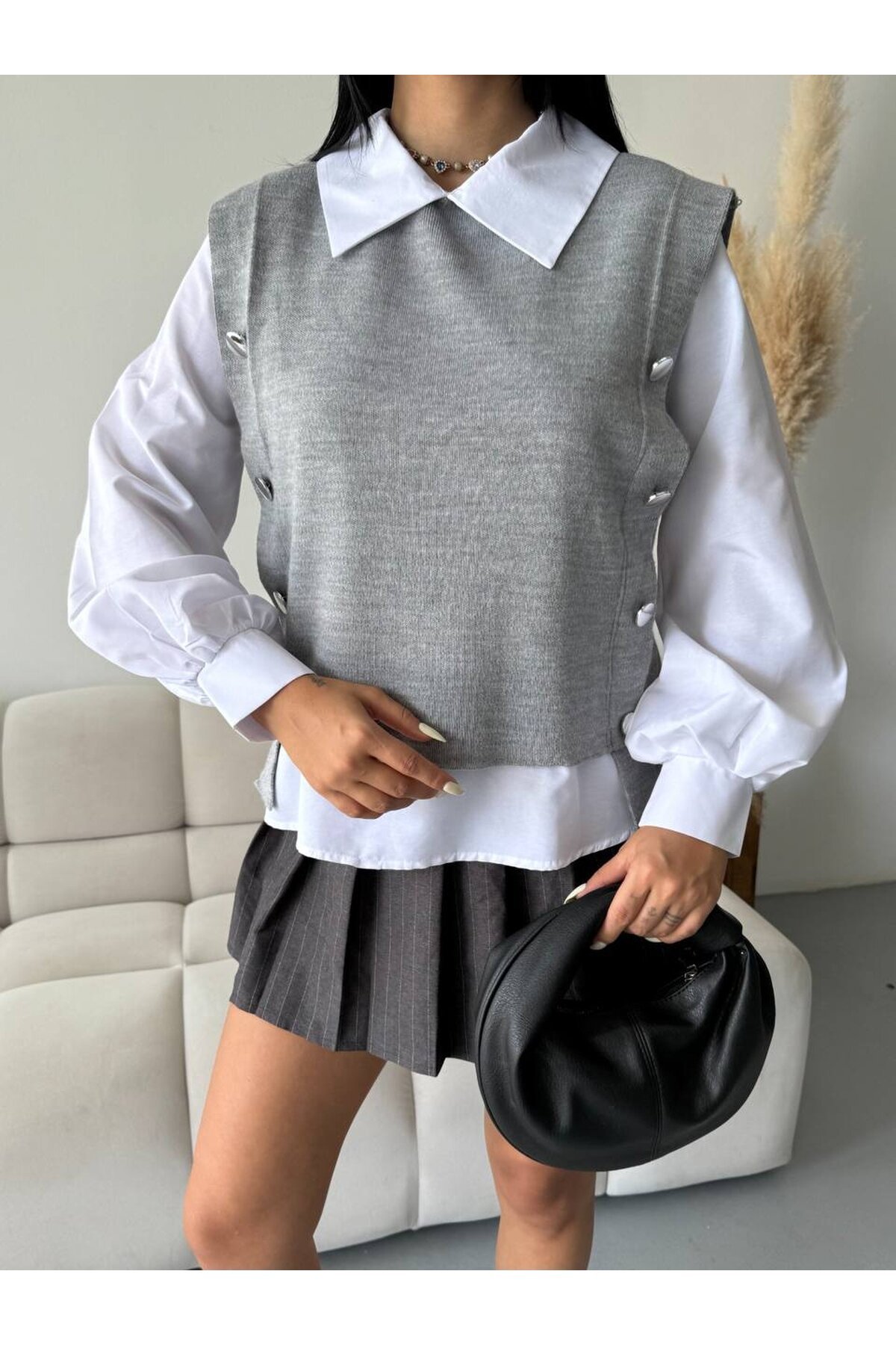 Gömlek Detay Gri Triko Bluz