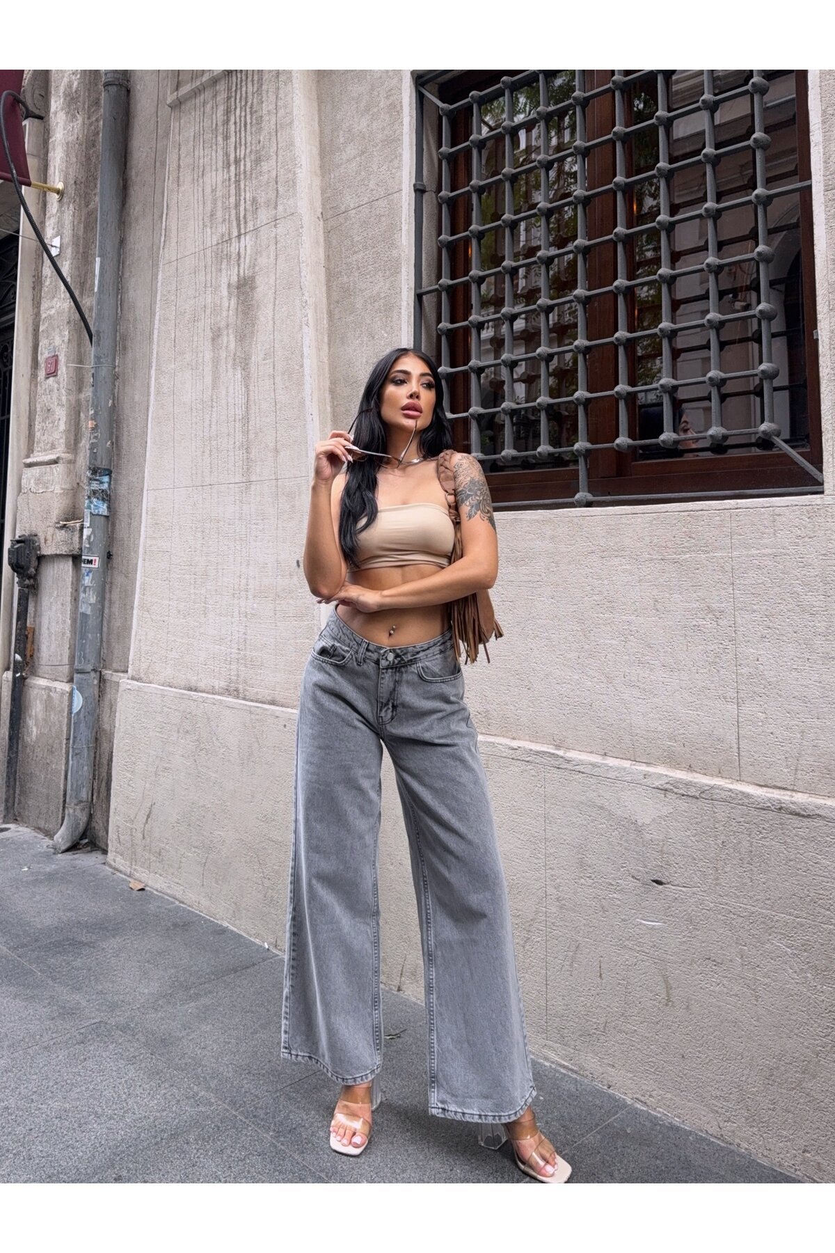Gri Yüksek Bel Geniş Paça Jean Pantolon