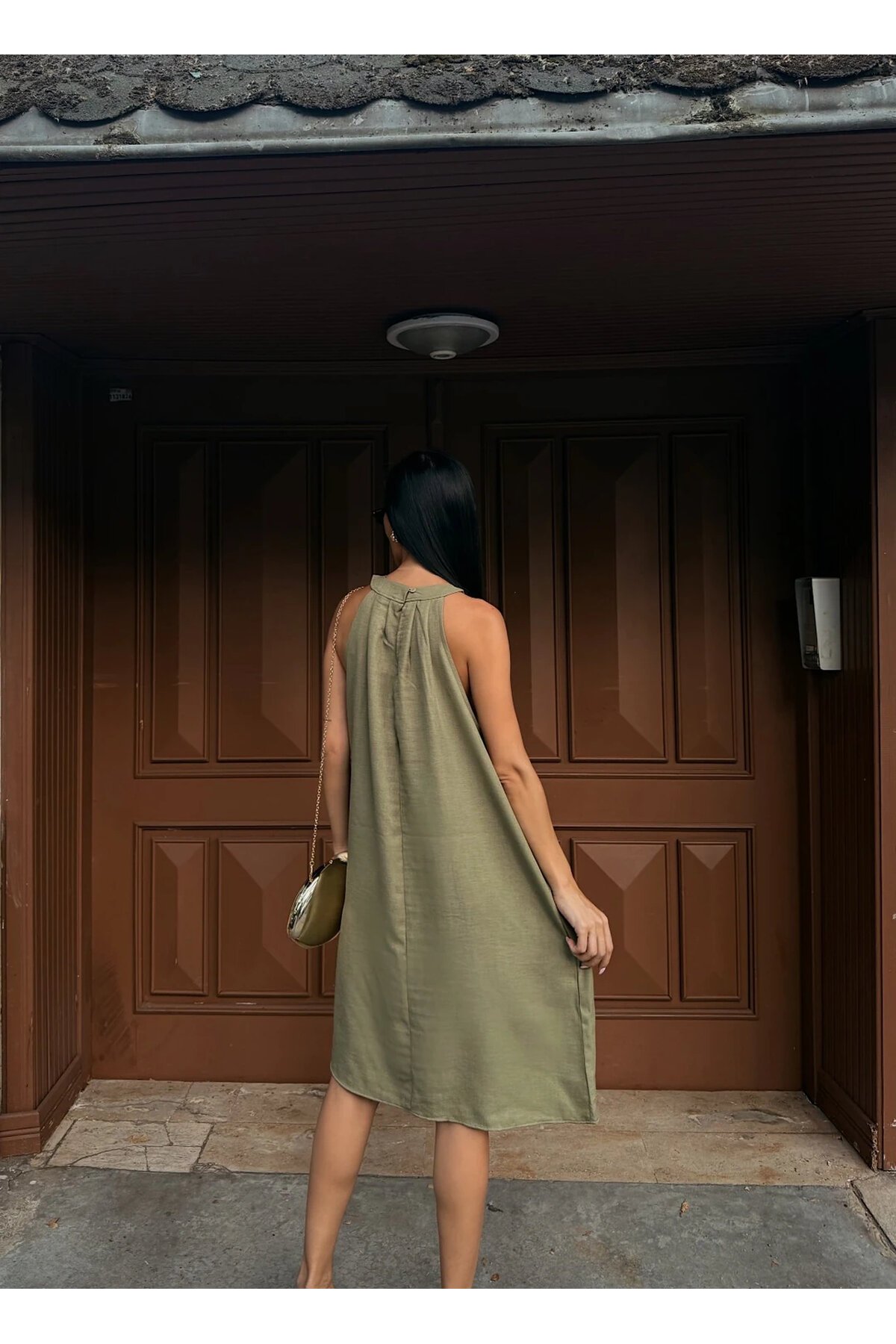 Halter Yaka Dokuma Midi Elbise