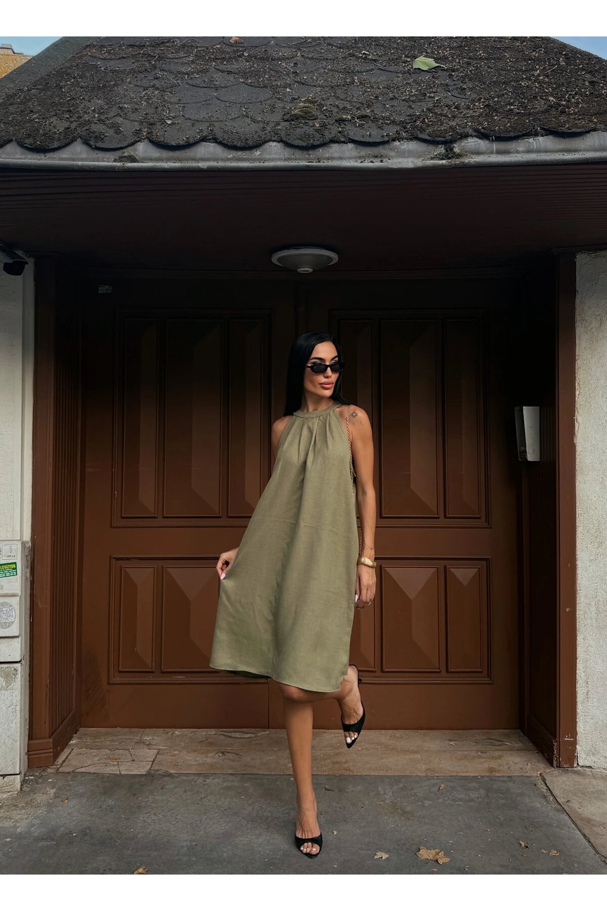 Halter Yaka Dokuma Midi Elbise