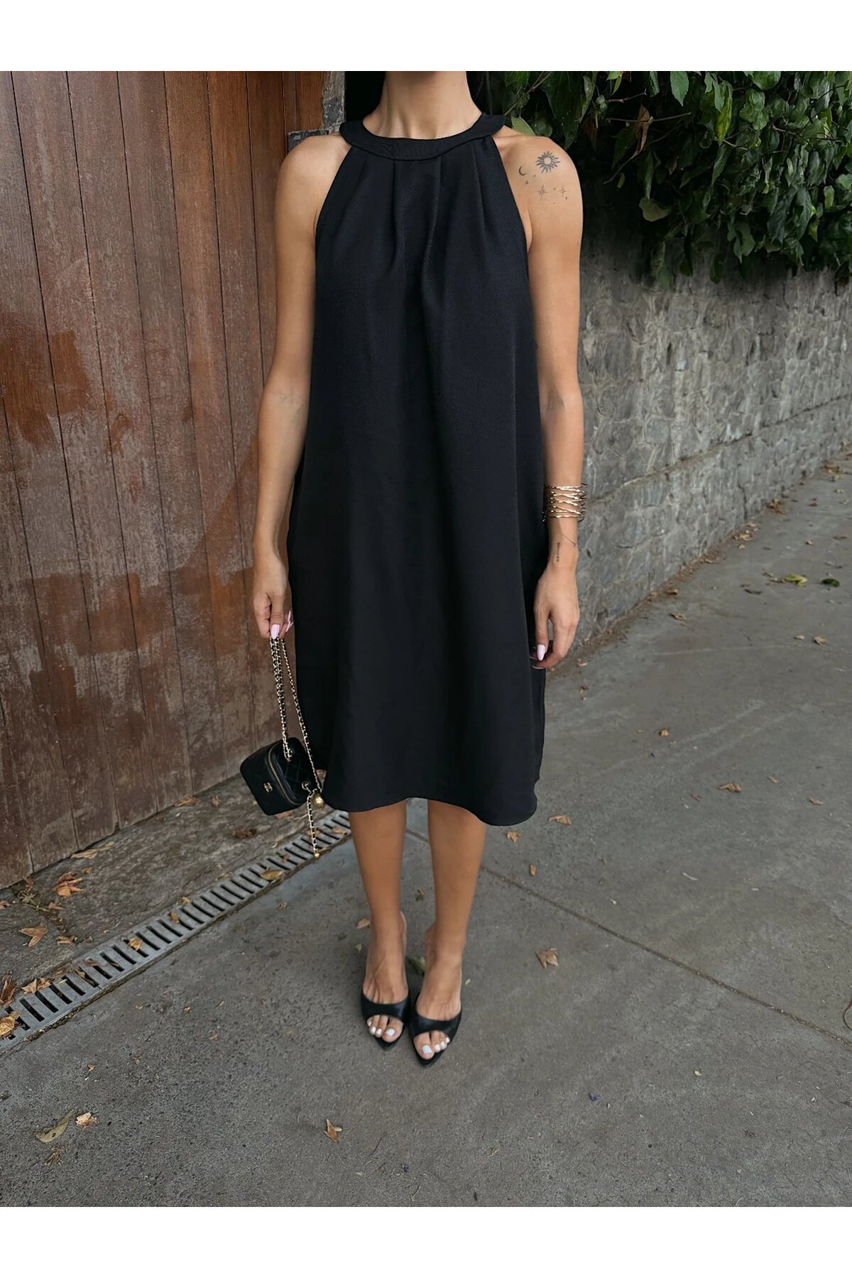 Halter Yaka Dokuma Midi Elbise