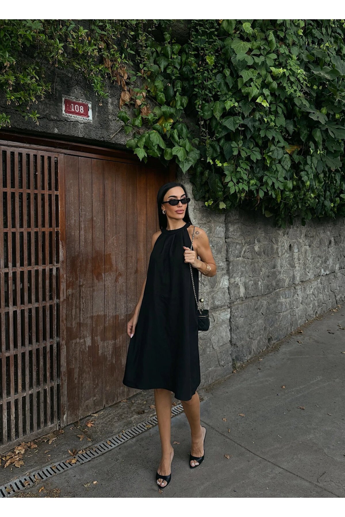 Halter Yaka Dokuma Midi Elbise