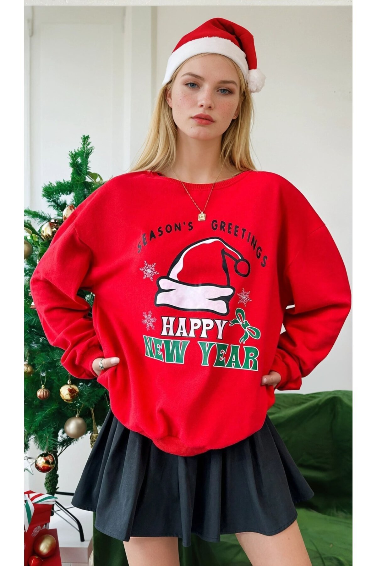 Happy New Year Baskılı Kırmızı Üç İplik Yılbaşı Sweatshirt
