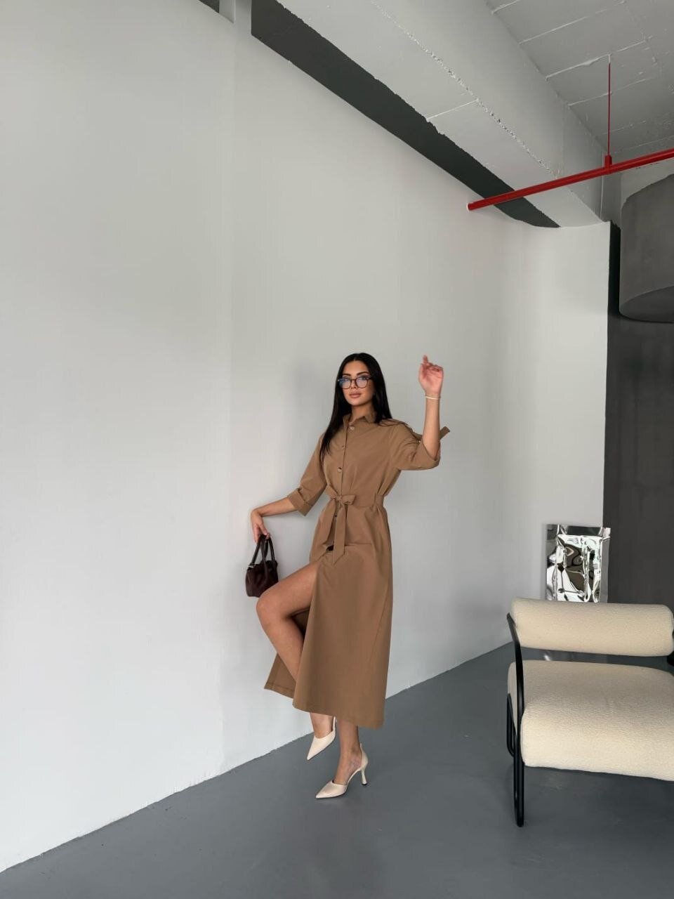 İthal Cupra Kumaş Kuşaklı Elbise