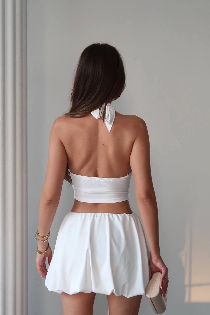 Kadın Beyaz Balon Etek ve Bluz Takım