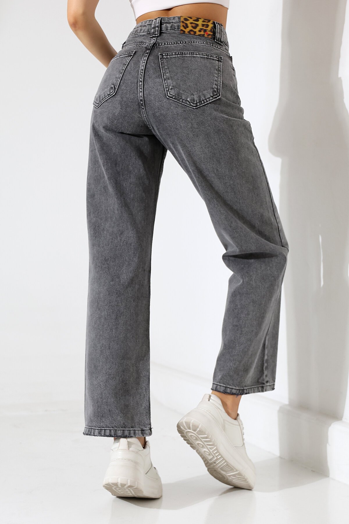 Kadın Gri Yüksek Bel Wide Leg Jean